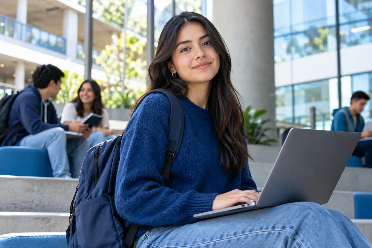 Estudiante universitaria con morral y portátil sentada en las escaleras de su campus
