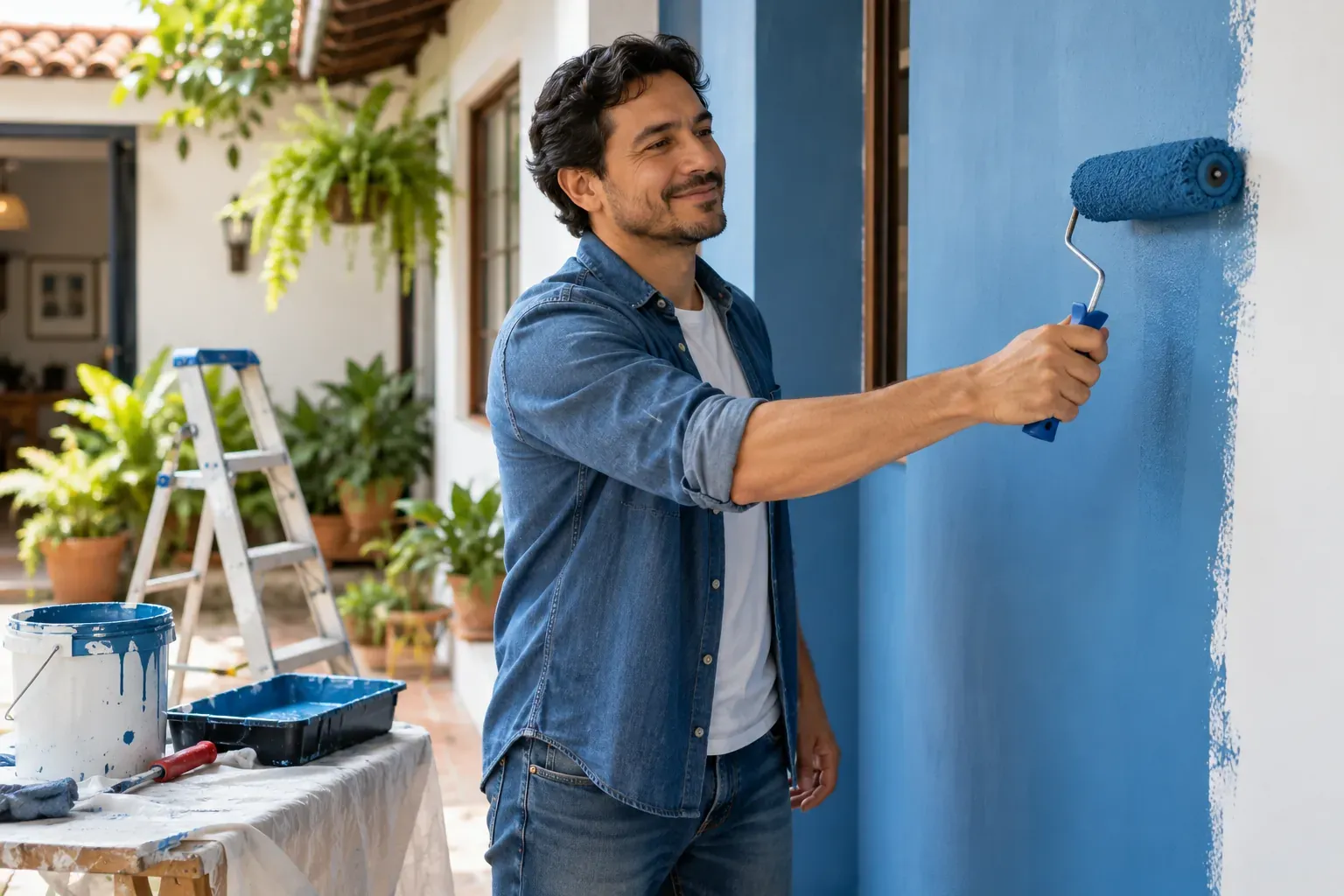 Hombre sonriendo mientras pinta de azul una pared de su casa con un rodillo