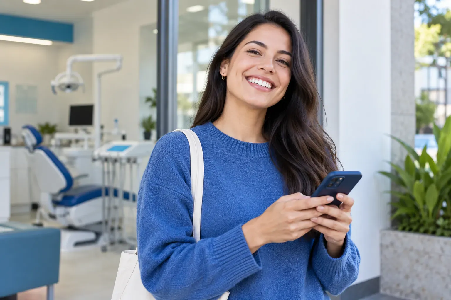 Mujer sonriendo con su celular en la mano a la salida de un consultorio odontológico