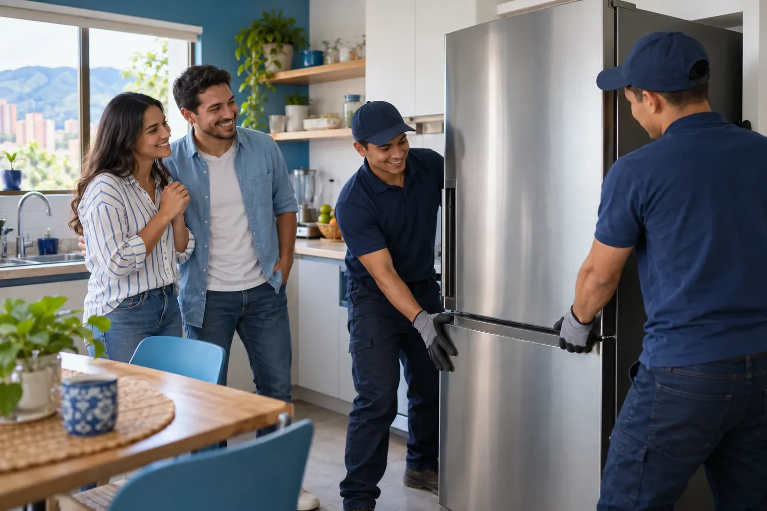Pareja feliz mientras instalan su nevera nueva en la cocina de su apartamento