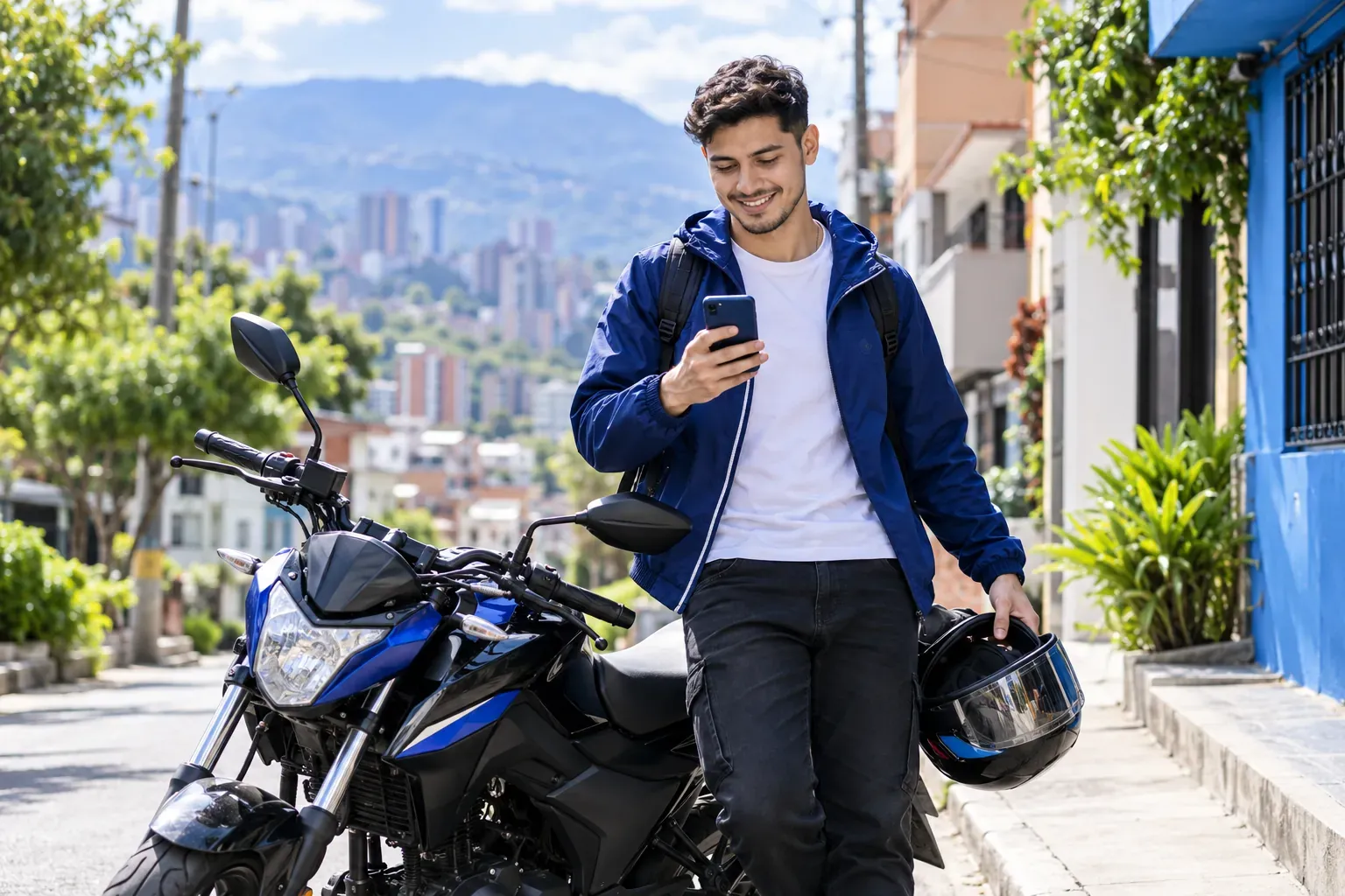 Hombre joven sonriendo junto a su moto en una calle de barrio, con el casco en la mano y el celular