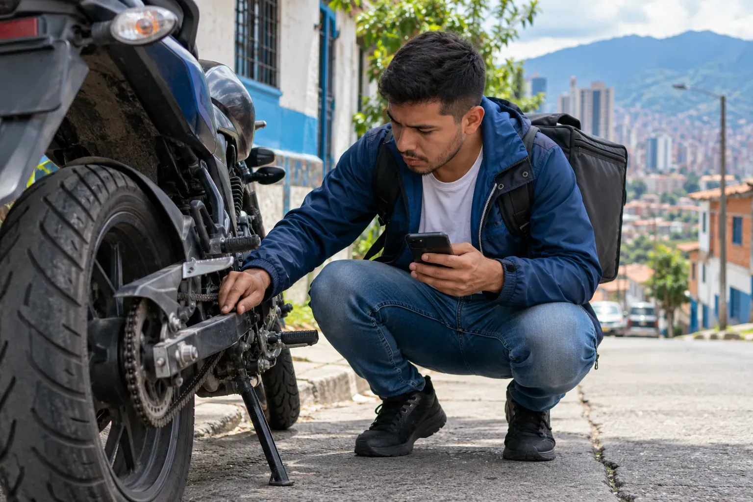 Domiciliario revisando la cadena de su moto en la calle mientras consulta su celular