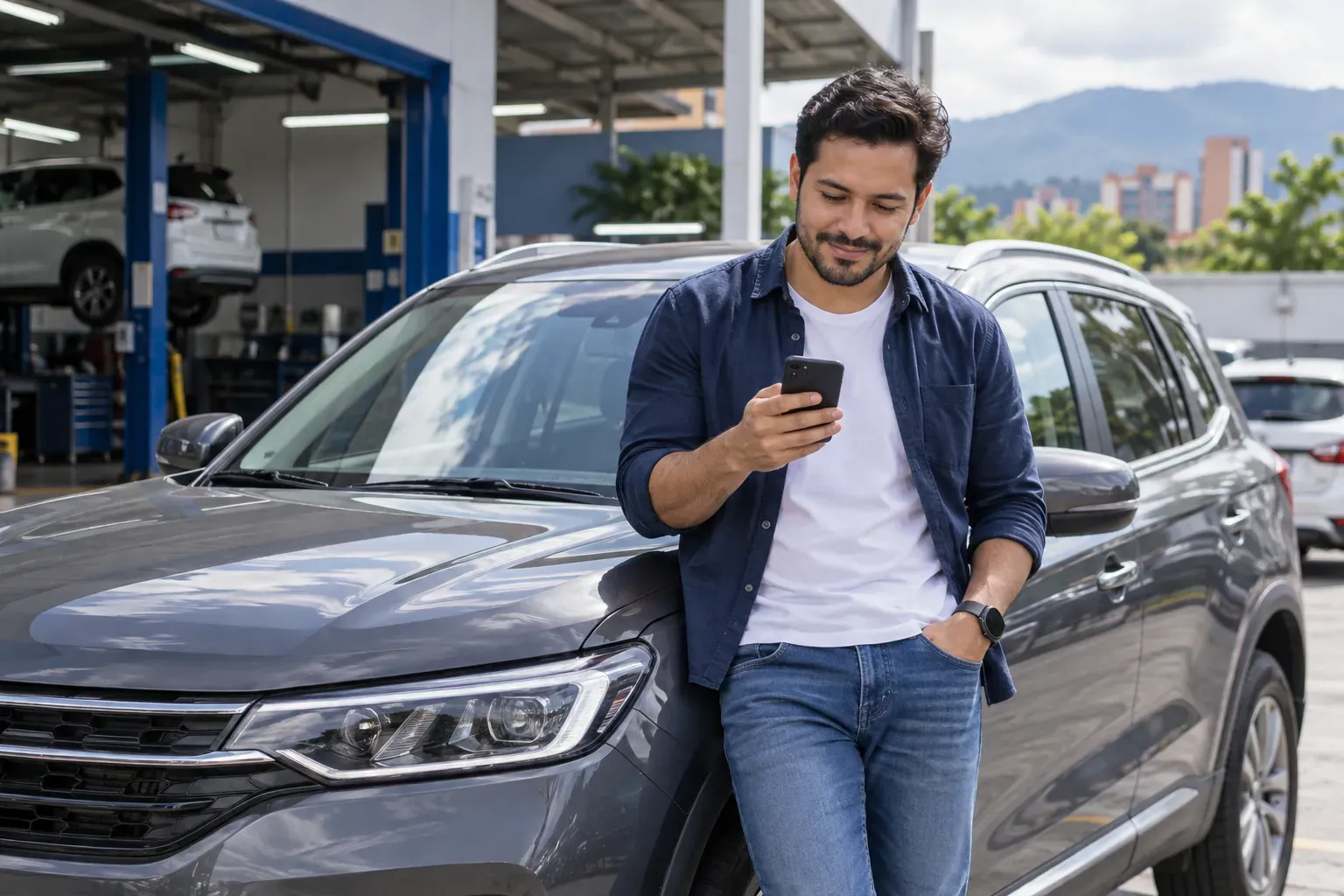 Hombre apoyado en su carro frente a un taller, revisando su celular con tranquilidad