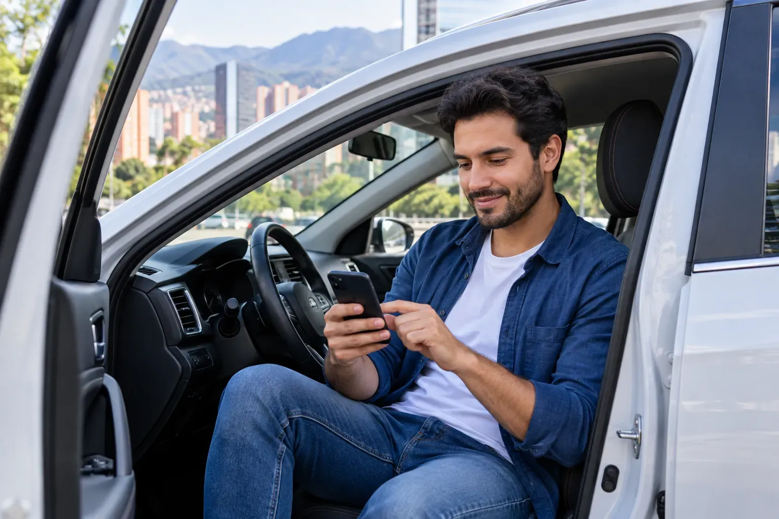 Hombre sentado en su carro con la puerta abierta, haciendo un pago desde el celular