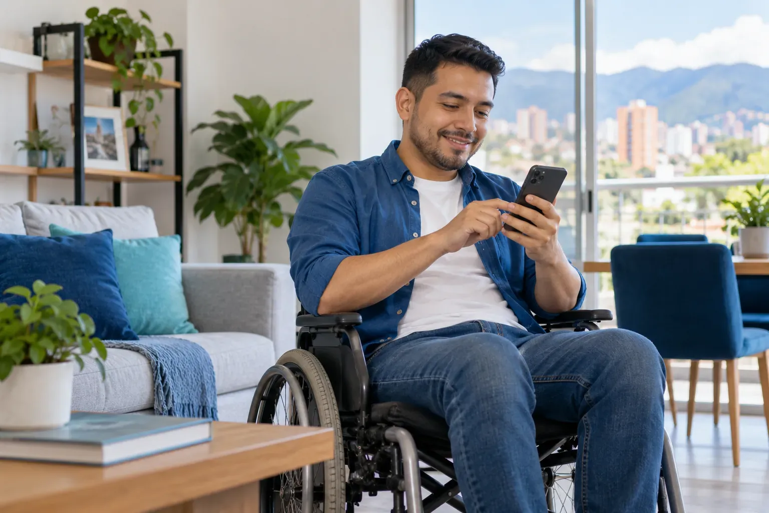 Hombre en silla de ruedas usando su celular con tranquilidad en la sala de su casa