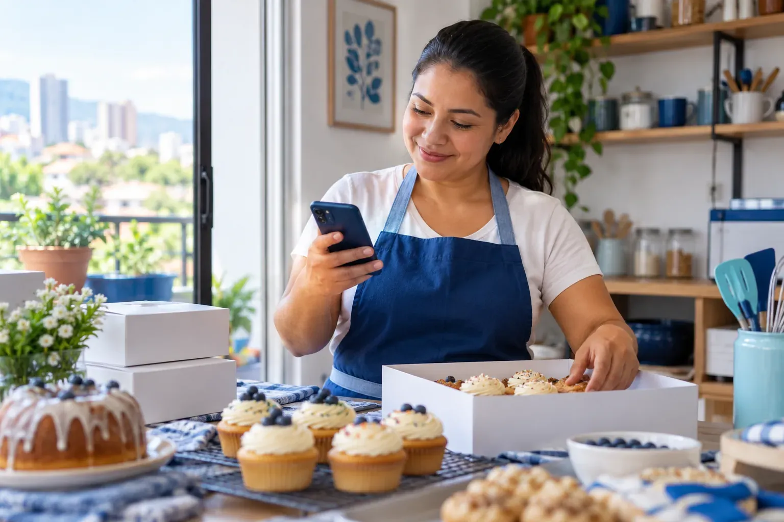 Mujer con su emprendimiento de repostería en casa, revisando un pedido en el celular