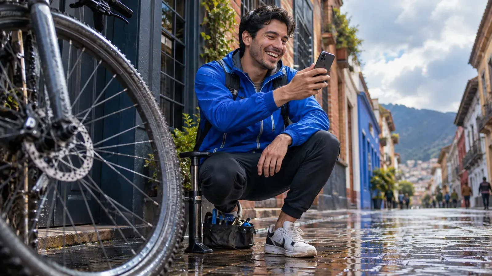 Domiciliario en bicicleta revisando su celular mientras recorre las calles de la ciudad