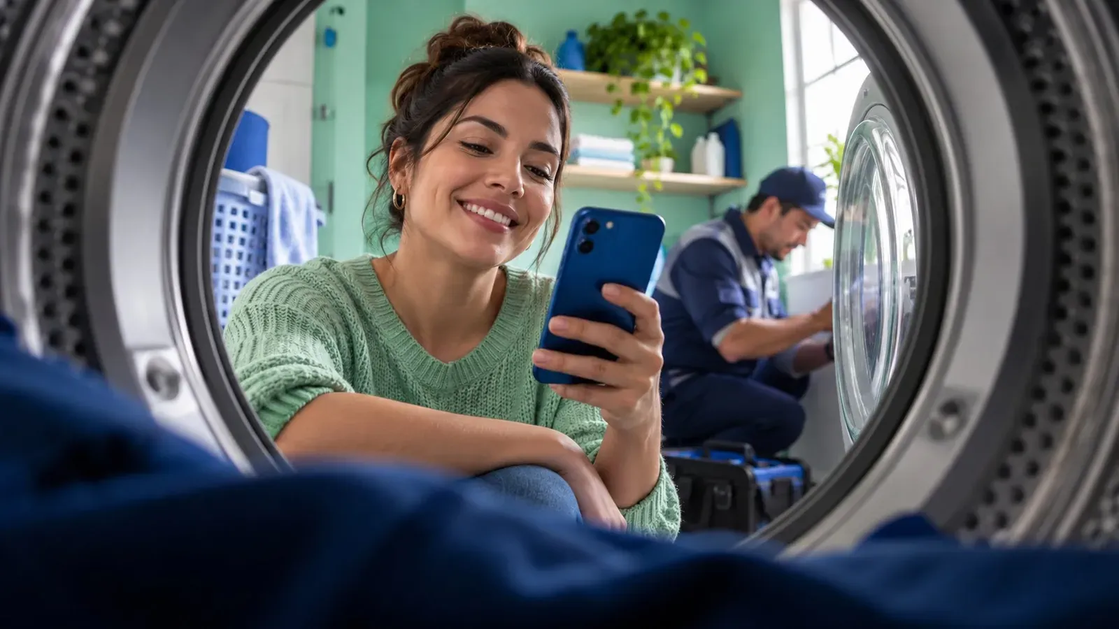 Emprendedor atendiendo su propio negocio de lavandería durante la jornada de trabajo