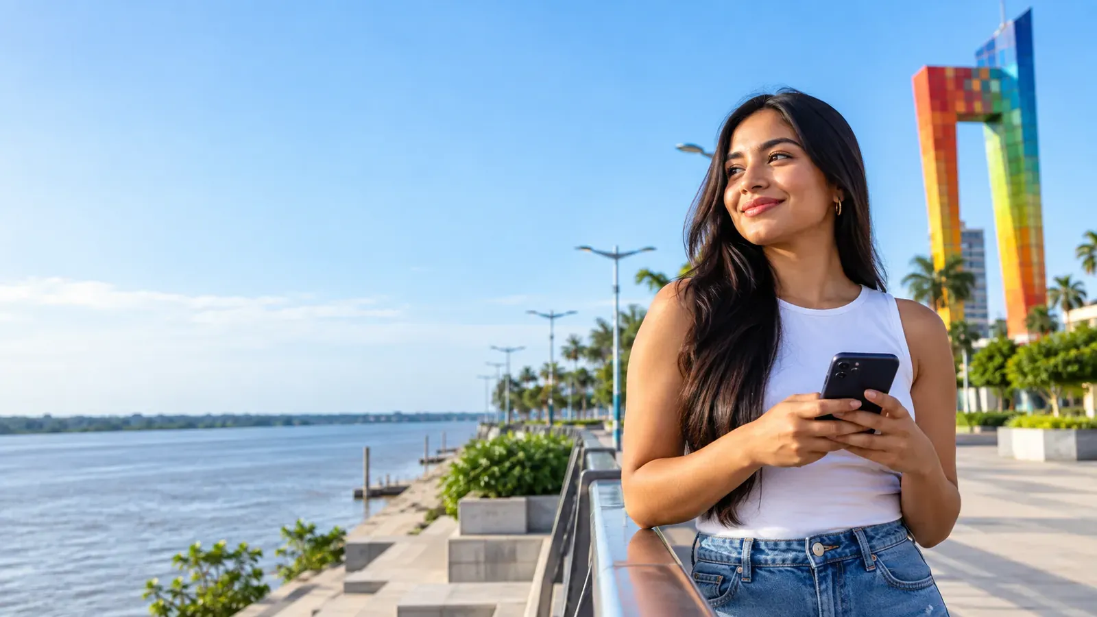 Mujer joven con su celular en el malecón del río Magdalena en Barranquilla, junto a la Ventana al Mundo