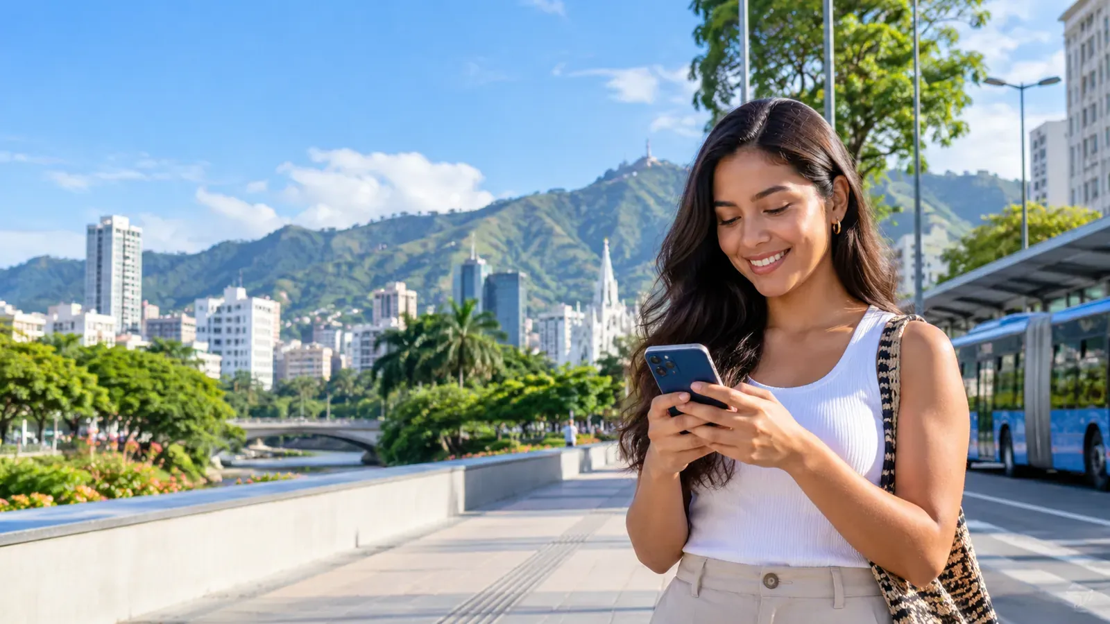 Mujer joven sonriendo con su celular en un bulevar de Cali, con un bus del MIO y los cerros al fondo