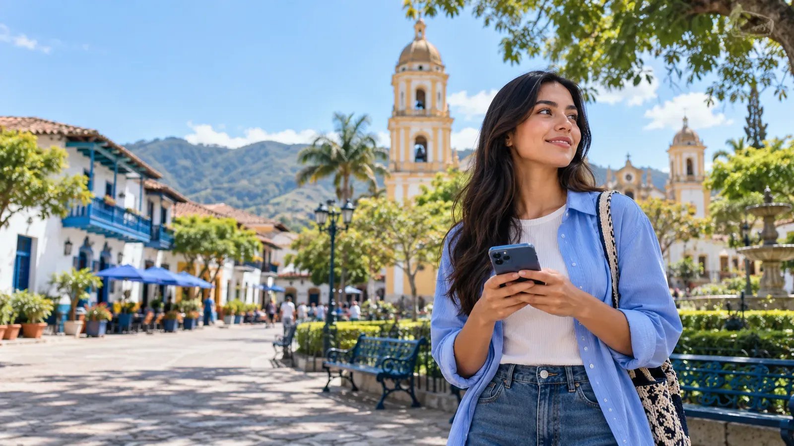 Mujer joven con su celular en la plaza principal de un pueblo colombiano, con la iglesia al fondo