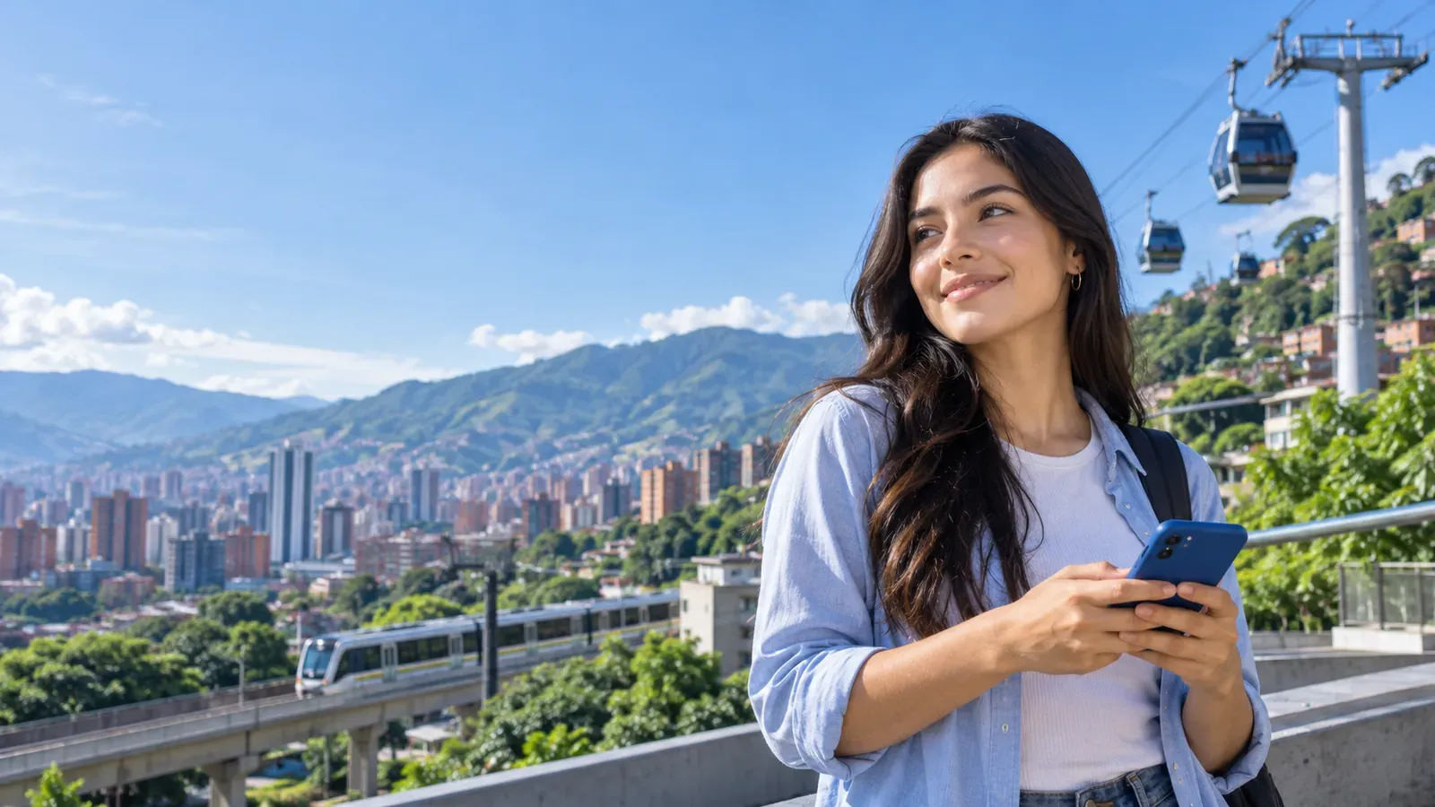 Mujer joven con su celular en un mirador de Medellín, con el metrocable y el metro al fondo