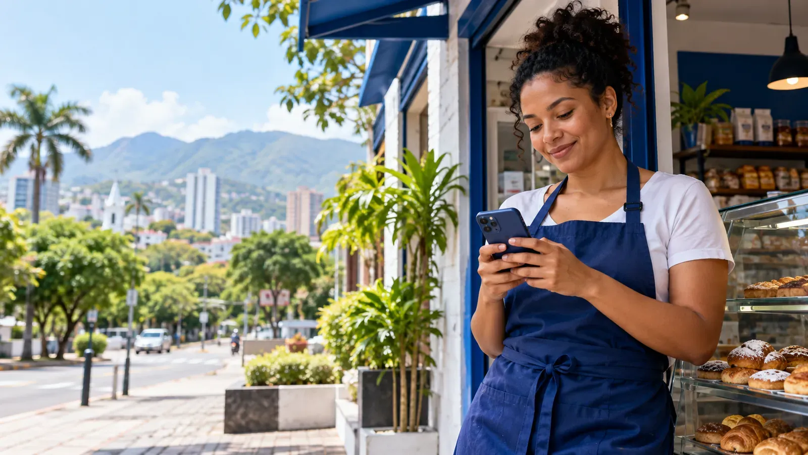 Emprendedora revisando su celular en la entrada de su panadería en Cali, con los cerros al fondo