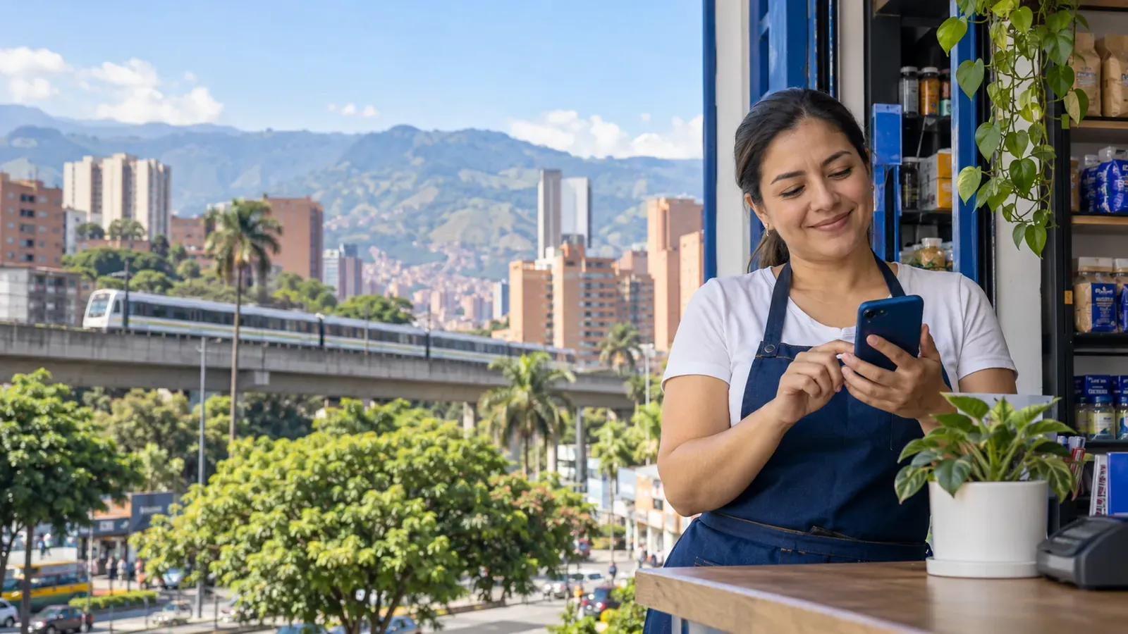 Comerciante sonriendo con su celular en su tienda de barrio en Medellín, con el metro al fondo