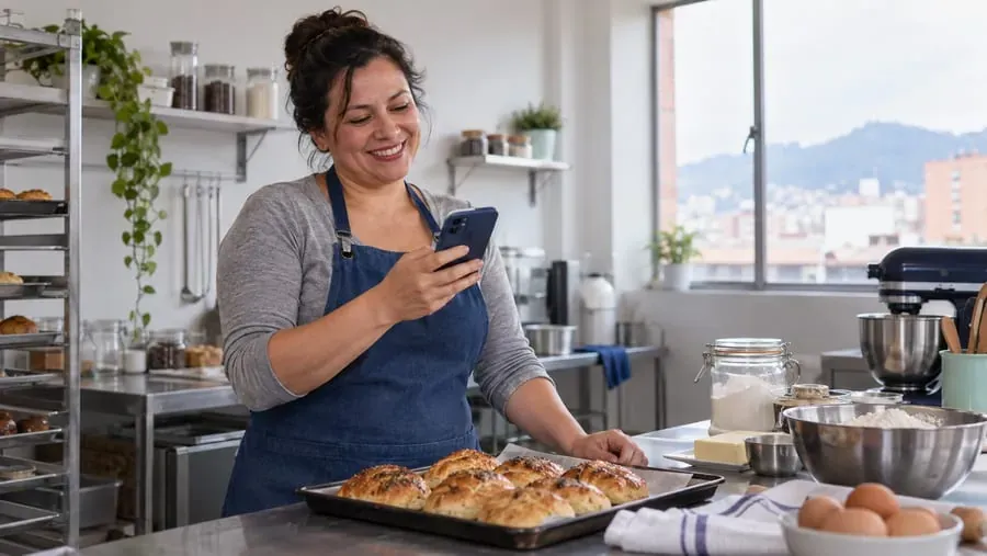 Panadería de barrio con el mostrador lleno de pan recién horneado, lista para atender