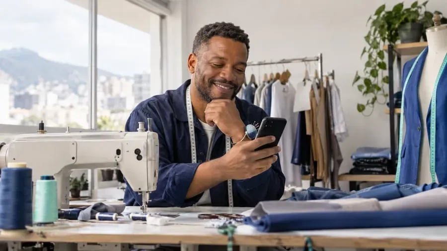 Sastre sonriendo mientras usa su celular en su taller, con la ciudad al fondo